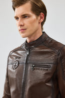 Kawhi Men's Brown Slim-Fit Embroidered Leather Coat | Derimod Kawhi Men's Brown Slim-Fit Embroidered Leather Coat | Derimod