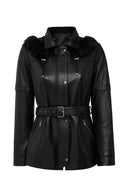 Hillary Women's Black Collar Fur Hooded Leather Coat | Derimod Hillary Women's Black Collar Fur Hooded Leather Coat | Derimod