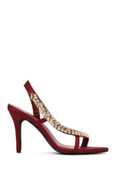 Woman Burgundy Embellished High Stiletto-Heel Sandal | Derimod Woman Burgundy Embellished High Stiletto-Heel Sandal | Derimod