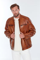 Alanzo(Plus) Men's Camel Leather Jacket | Derimod Alanzo(Plus) Men's Camel Leather Jacket | Derimod