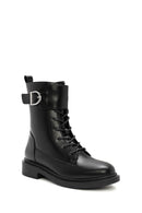Women's Black Zipper Lace-Up Combat Boots | Derimod Women's Black Zipper Lace-Up Combat Boots | Derimod