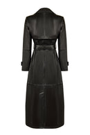 Isabel Woman Black Double-breasted Collar Leather Overcoat | Derimod Isabel Woman Black Double-breasted Collar Leather Overcoat | Derimod