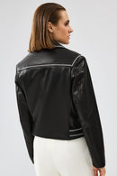 Lady Women's Black Short Leather Jacket | Derimod Lady Women's Black Short Leather Jacket | Derimod