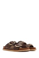 Women's Multi-Colored Double Buckled Straw Leather Slippers | Derimod Women's Multi-Colored Double Buckled Straw Leather Slippers | Derimod