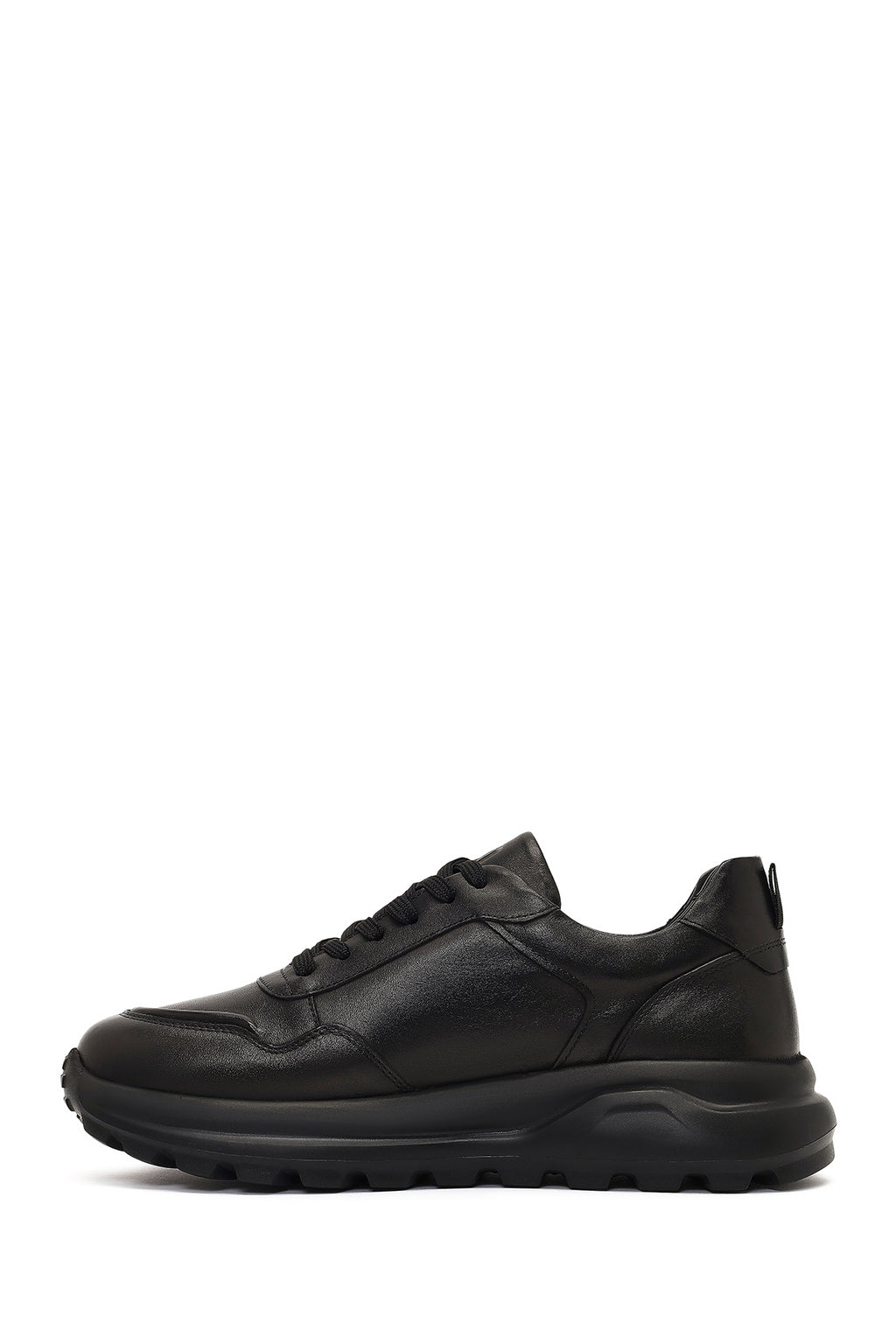 Erkek Siyah Bağcıklı Kalın Tabanlı Deri Sneaker