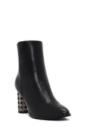 Women's Black Zippered Patterned Thick Heeled Boots | Derimod Women's Black Zippered Patterned Thick Heeled Boots | Derimod