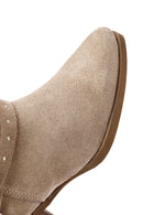 Women's Beige Thick Heel Buckle Detailed Suede Leather Cowboy Boots | Derimod Women's Beige Thick Heel Buckle Detailed Suede Leather Cowboy Boots | Derimod