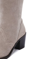 Women's Beige Thick Heeled Suede Leather Cowboy Boots | Derimod Women's Beige Thick Heeled Suede Leather Cowboy Boots | Derimod