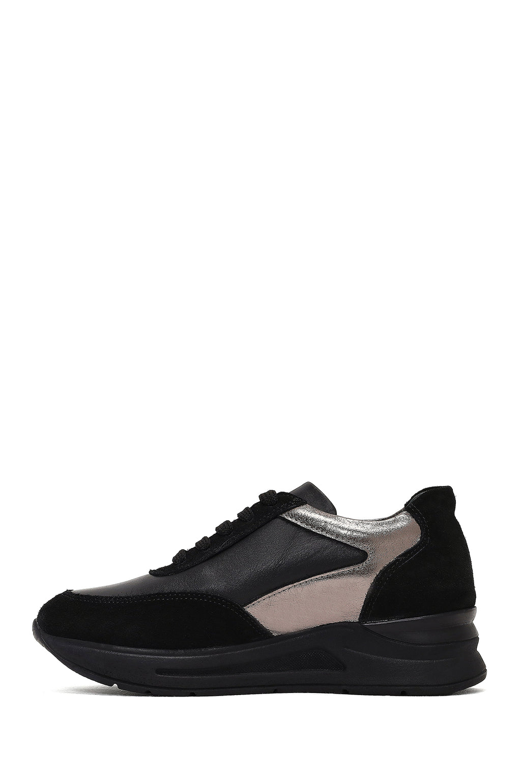 Kadın Siyah Bağcıklı Dolgu Topuklu Deri Sneaker