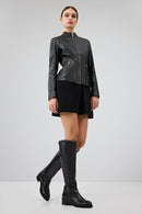 Delano Women's Black Short Leather Jacket | Derimod Delano Women's Black Short Leather Jacket | Derimod