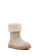 Woman Beige Thick-Soled Suede with Fur Detail Leather Boat | Derimod Woman Beige Thick-Soled Suede with Fur Detail Leather Boat | Derimod