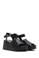 Women's Black Ankle Strap Wedge Heel Leather Sandals | Derimod Women's Black Ankle Strap Wedge Heel Leather Sandals | Derimod