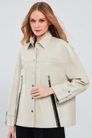 Farrah Women's Beige Oversize Leather Jacket | Derimod Farrah Women's Beige Oversize Leather Jacket | Derimod