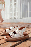 Women's Cream Buckled Thick Soled Sandals | Derimod Women's Cream Buckled Thick Soled Sandals | Derimod