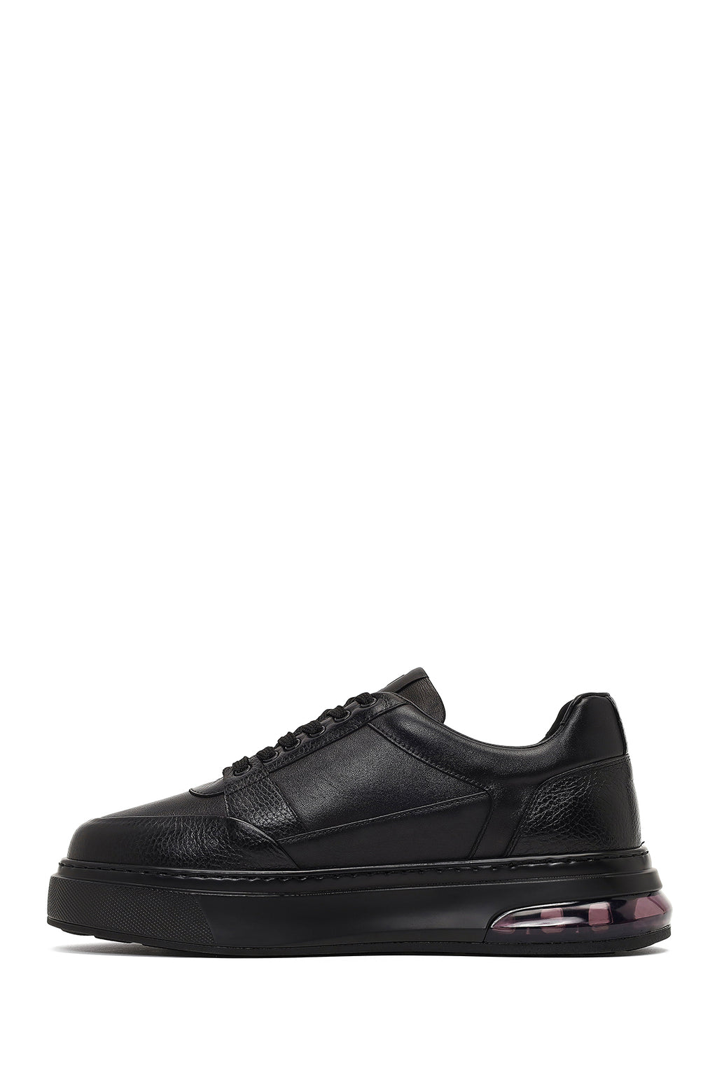 Erkek Siyah Bağcıklı Kalın Tabanlı Deri Sneaker