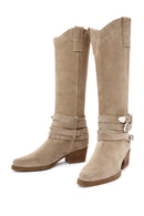 Women's Beige Thick Heel Buckle Detailed Suede Leather Cowboy Boots | Derimod Women's Beige Thick Heel Buckle Detailed Suede Leather Cowboy Boots | Derimod