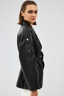 Adriana Women's Black Double Collar Leather Jacket | Derimod Adriana Women's Black Double Collar Leather Jacket | Derimod