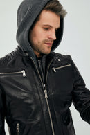 Danger Black Men's Hooded Sports Leather Jacket | Derimod Danger Black Men's Hooded Sports Leather Jacket | Derimod