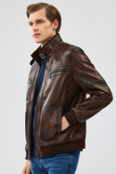Felix Men's Brown Leather Jacket | Derimod Felix Men's Brown Leather Jacket | Derimod