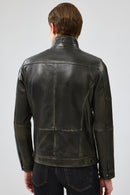 Wade Men's Green Slim-Fit Leather Coat | Derimod Wade Men's Green Slim-Fit Leather Coat | Derimod