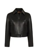 Raquel Woman Black Shirt Collar Short Leather Jacket | Derimod Raquel Woman Black Shirt Collar Short Leather Jacket | Derimod