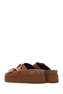 Women's Tan Double Buckle Thick Sole Suede Leather Slippers | Derimod Women's Tan Double Buckle Thick Sole Suede Leather Slippers | Derimod