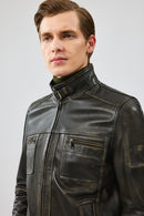 Wade Men's Green Slim-Fit Leather Coat | Derimod Wade Men's Green Slim-Fit Leather Coat | Derimod