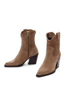 Women's Tan Zippered Suede Leather Cowboy Boots | Derimod Women's Tan Zippered Suede Leather Cowboy Boots | Derimod