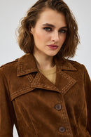 Giselle Women's Tan Short Suede Leather Jacket | Derimod Giselle Women's Tan Short Suede Leather Jacket | Derimod