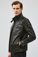 Wade Men's Green Slim-Fit Leather Coat | Derimod Wade Men's Green Slim-Fit Leather Coat | Derimod