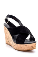 Women's Suede Leather Wedge Heeled Sandals | Derimod Women's Suede Leather Wedge Heeled Sandals | Derimod