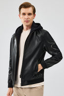 Niko Men's Black Hooded Leather Jacket | Derimod Niko Men's Black Hooded Leather Jacket | Derimod