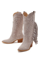Women's Gray Suede Leather Heeled Cowboy Boots | Derimod Women's Gray Suede Leather Heeled Cowboy Boots | Derimod