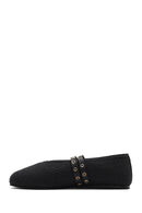 Women's Black Double Buckled Straw Leather Ballerinas | Derimod Women's Black Double Buckled Straw Leather Ballerinas | Derimod