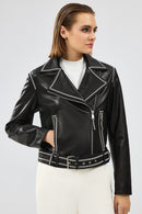 Lady Women's Black Short Leather Jacket | Derimod Lady Women's Black Short Leather Jacket | Derimod