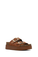 Women's Tan Double Buckle Thick Sole Suede Leather Slippers | Derimod Women's Tan Double Buckle Thick Sole Suede Leather Slippers | Derimod