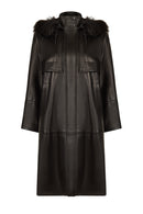Adele Woman Black A-Line Hooded Fur Collar Leather Overcoat | Derimod Adele Woman Black A-Line Hooded Fur Collar Leather Overcoat | Derimod