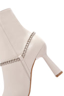 Women's Beige Leather Zippered Chain Heeled Classic Boots | Derimod Women's Beige Leather Zippered Chain Heeled Classic Boots | Derimod