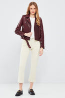 London Women's Burgundy Biker Leather Jacket | Derimod London Women's Burgundy Biker Leather Jacket | Derimod