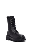Woman Black Zippered Lace-Up Thick Sole Leather Postal Boots | Derimod Woman Black Zippered Lace-Up Thick Sole Leather Postal Boots | Derimod