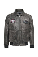 Hurricane Men's Grey Fur Collar Pilot Leather Jacket with Emblem | Derimod Hurricane Men's Grey Fur Collar Pilot Leather Jacket with Emblem | Derimod