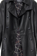 Matilda Women's Black Double Breasted Leather Coat | Derimod Matilda Women's Black Double Breasted Leather Coat | Derimod