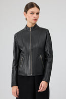 Delano Women's Black Short Leather Jacket | Derimod Delano Women's Black Short Leather Jacket | Derimod