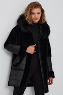 Virginia Women's Black Hooded Long Teddy Coat | Derimod Virginia Women's Black Hooded Long Teddy Coat | Derimod