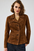 Giselle Women's Tan Short Suede Leather Jacket | Derimod Giselle Women's Tan Short Suede Leather Jacket | Derimod