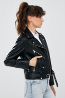 Newage Women's Black Slim-Fit Biker Leather Jacket | Derimod Newage Women's Black Slim-Fit Biker Leather Jacket | Derimod