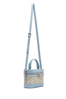 Women's Blue Long Strap Patterned Mini Box Crossbody Bag | Derimod Women's Blue Long Strap Patterned Mini Box Crossbody Bag | Derimod