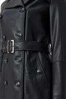 Matilda Women's Black Double Breasted Leather Coat | Derimod Matilda Women's Black Double Breasted Leather Coat | Derimod
