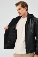 Niko Men's Black Hooded Leather Jacket | Derimod Niko Men's Black Hooded Leather Jacket | Derimod