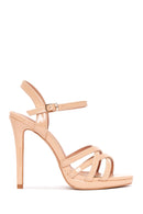 Women's Beige Patent Leather Heeled Sandals | Derimod Women's Beige Patent Leather Heeled Sandals | Derimod